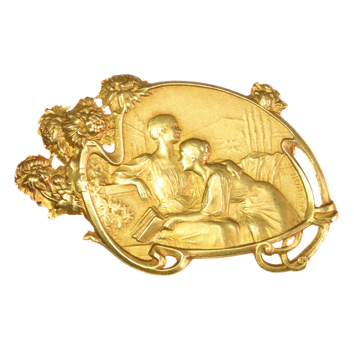 Art Nouveau brooch signed Vernon depicting friendship between two women
